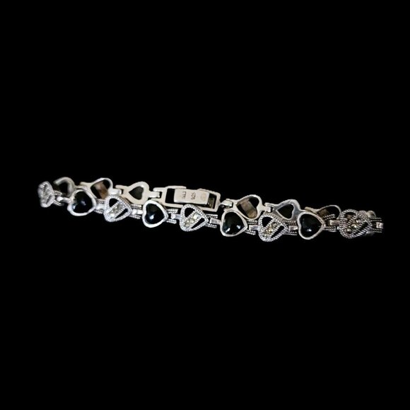 Vintage 80s Sterling Silver & Onyx Designer Heart Bracelet